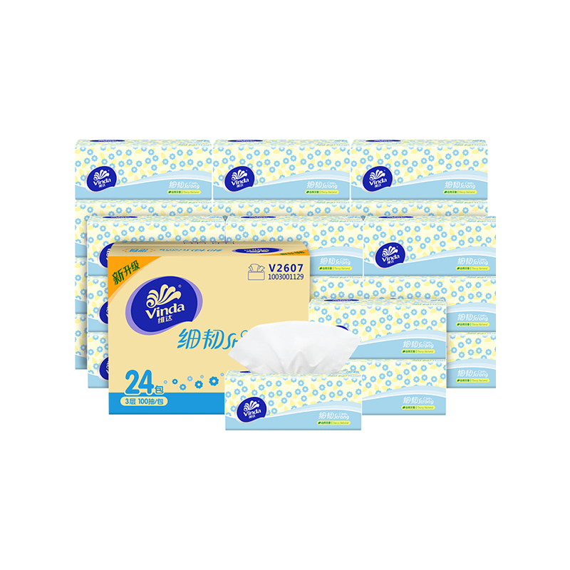 维达（Vinda）抽纸 细韧3层100抽*24包XS码 细腻柔韧 餐巾卫生纸 新旧随机 整箱